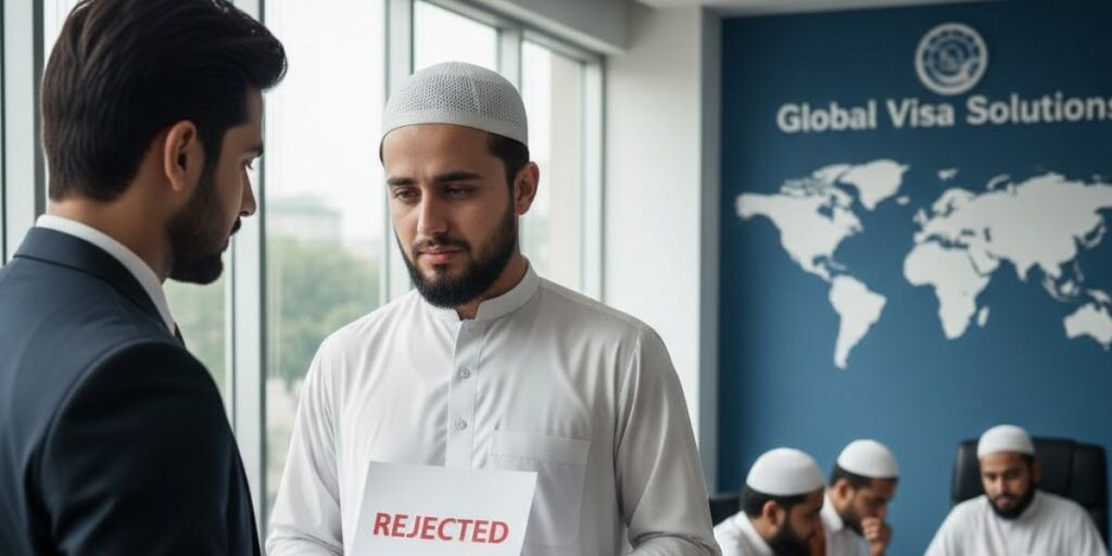 A man in a prayer cap looks down at a "REJECTED" paper while standing in a Global Visa Solutions office