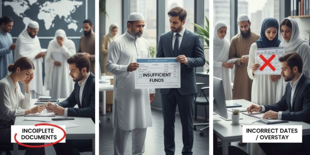 A three-panel image showing common visa rejection reasons: incomplete documents, insufficient funds, and wrong dates