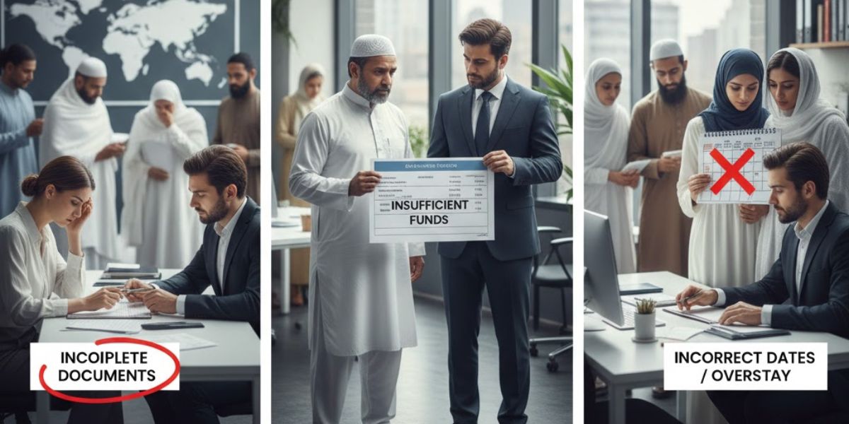 A three-panel image showing common visa rejection reasons: incomplete documents, insufficient funds, and wrong dates