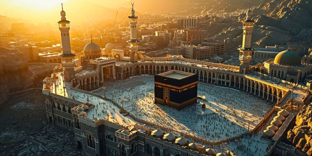 Aerial view of the Kaaba in the Great Mosque of Mecca at sunset, surrounded by a large crowd of pilgrims