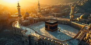 Aerial view of the Kaaba in the Great Mosque of Mecca at sunset, surrounded by a large crowd of pilgrims