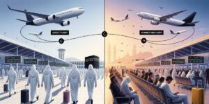 A comparison of direct and connecting flights for Hajj and Umrah pilgrims with planes above an airport terminal