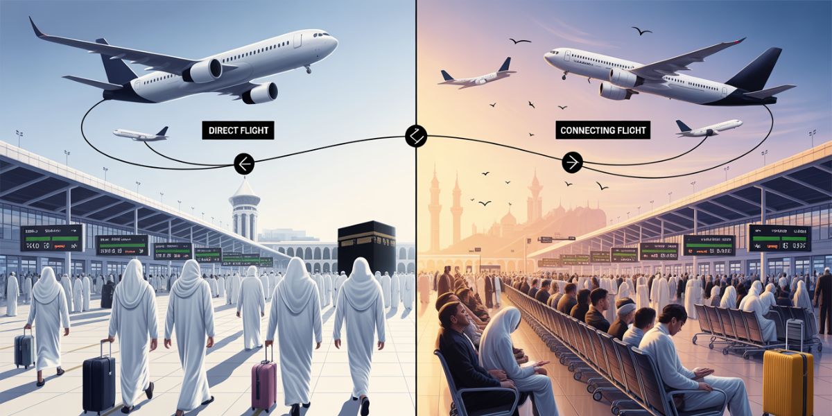 A comparison of direct and connecting flights for Hajj and Umrah pilgrims with planes above an airport terminal