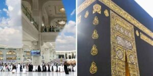 A split image showing the Grand Mosque's interior courtyard and a close-up of the Kaaba's gold-embroidered Kiswah