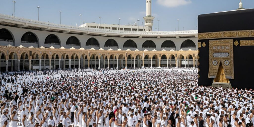 Thousands of pilgrims in white ihram gather in the marble courtyard of the Grand Mosque facing the holy Kaaba