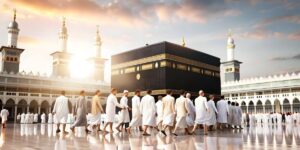 Pilgrims walk near the Kaaba in Mecca, showcasing how to perform Umrah with a Tourist Visa effectively in 2026.