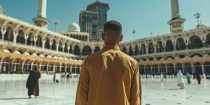 A man in tan clothing stands in the courtyard of the Great Mosque in Mecca, looking toward the distant skyscrapers