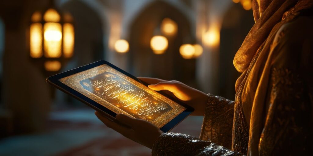A person in elegant attire holds a glowing digital tablet featuring Quranic verses in a beautifully lit mosque