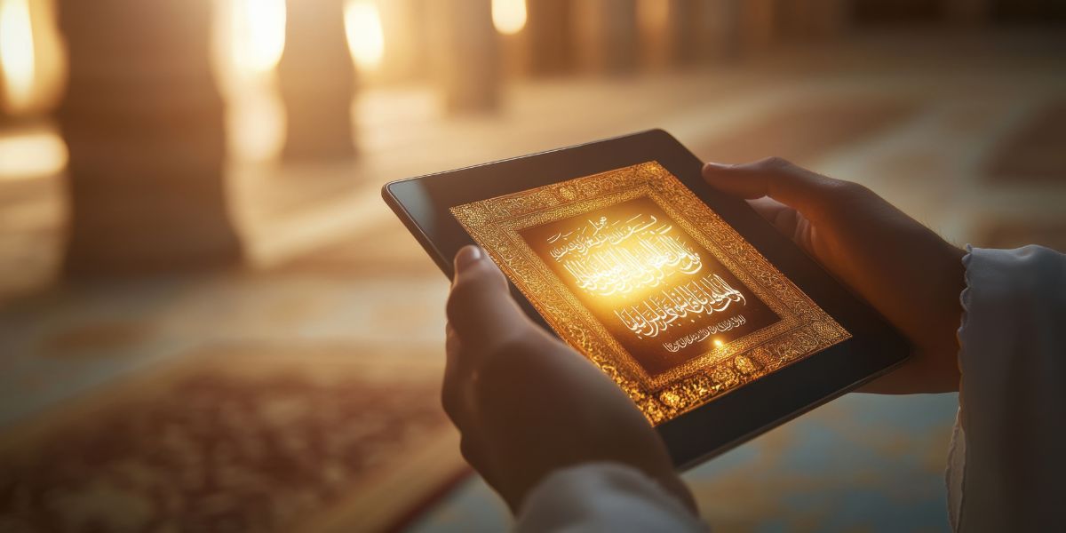 Close-up of hands holding a digital tablet displaying an ornate, glowing golden page of the Quran in a dim room