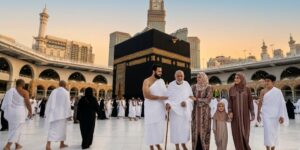 A diverse family of pilgrims stands together in the Great Mosque courtyard with the Kaaba in the background