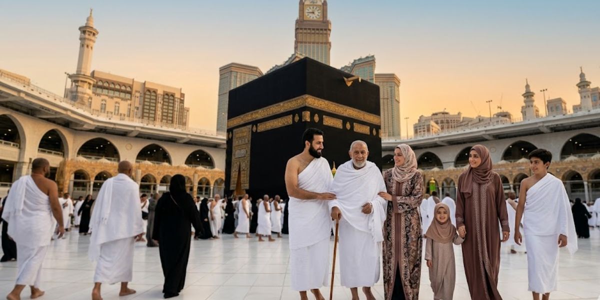 A diverse family of pilgrims stands together in the Great Mosque courtyard with the Kaaba in the background