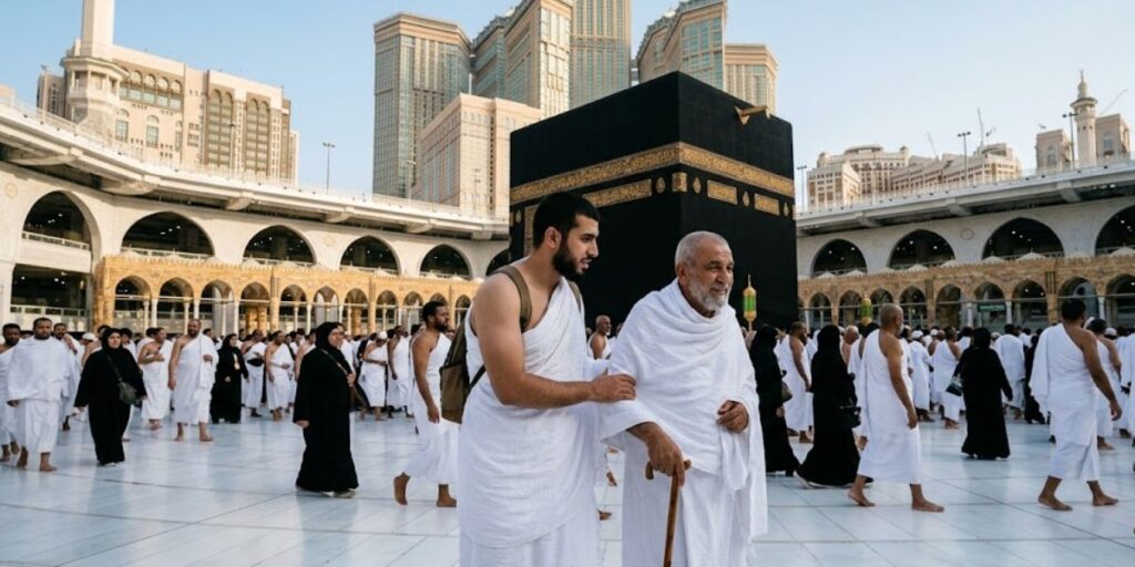 A young man in white ihram assists an elderly man with a cane in the white marble courtyard of the Great Mosque