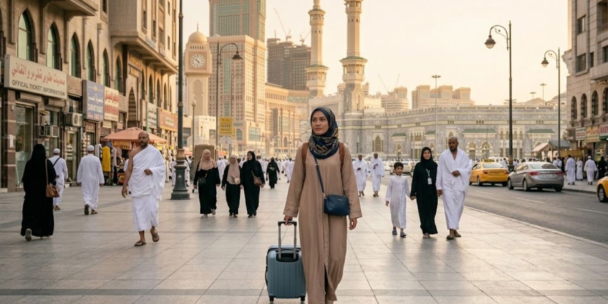 A woman in a tan abaya and patterned hijab walks with a blue suitcase along a busy street in Makkah, Saudi Arabia