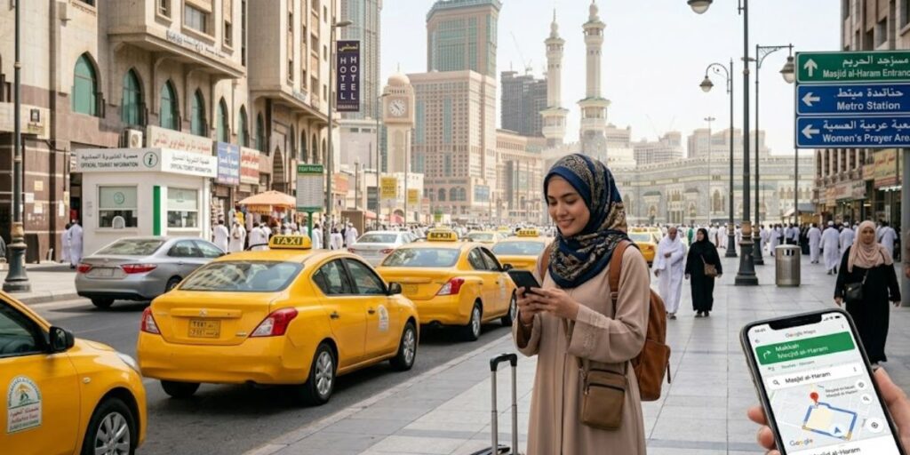 A smiling woman in a hijab uses her phone to navigate a Makkah street filled with taxis and distant mosque towers.