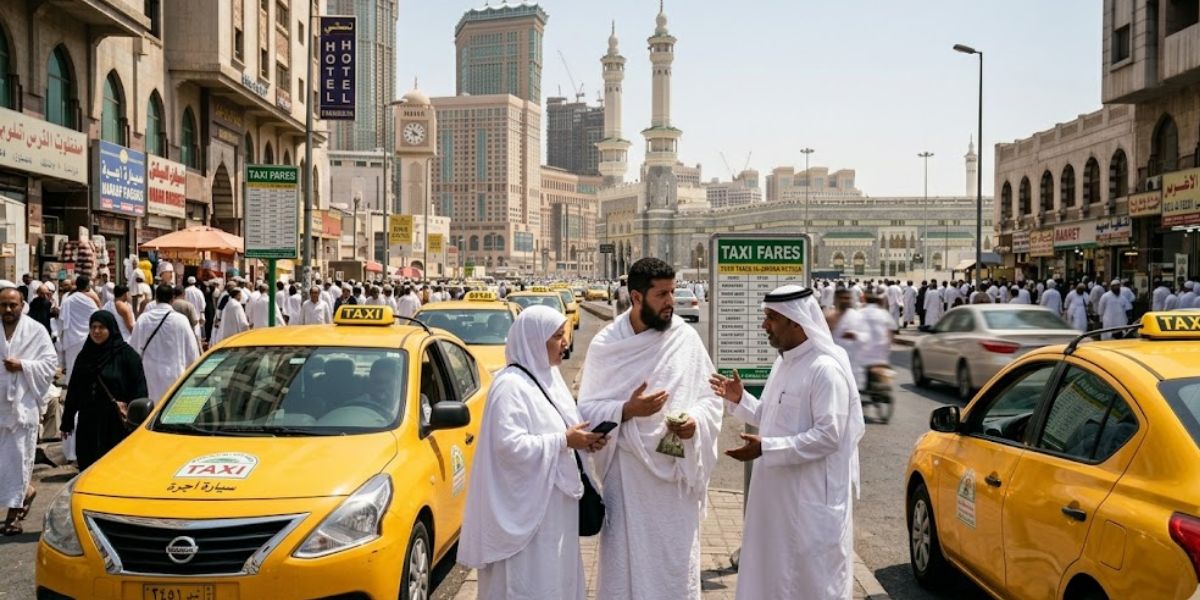 A group of pilgrims in white ihram discuss fares with taxi drivers on a bustling street in Makkah, Saudi Arabia