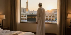 man standing near window watching kaabah